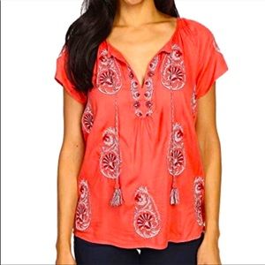 Lucky Brand Women’s Orange Short Sleeve Embroidered Tasseled Top Size S